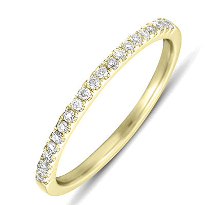 This Band is available in 14K Yellow Gold. There are a total of 21 stones. There are Round with a total carat weight of 0.14 set in a Micro Prong setting.
