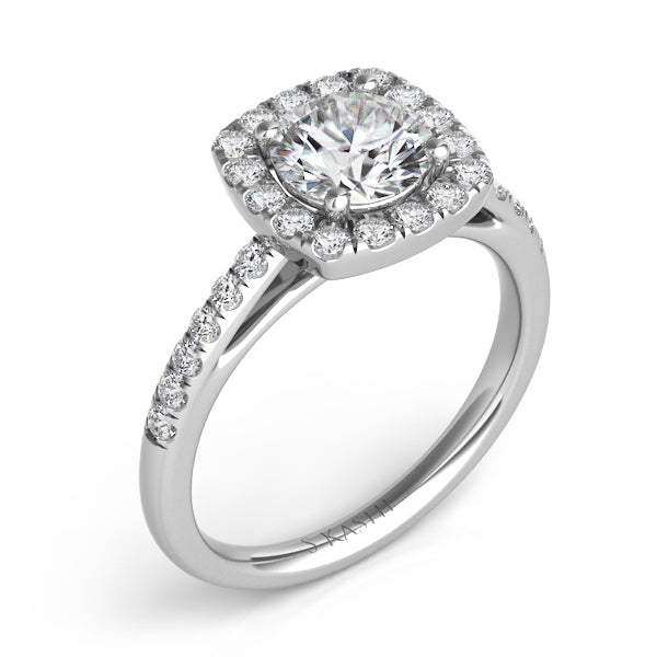 This Engagement Ring  is available in 14K White Gold. There are a total of 28 stones. There are Rounds with a total carat weight of 0.6 set in a Bezel Set|Micro Prong setting.