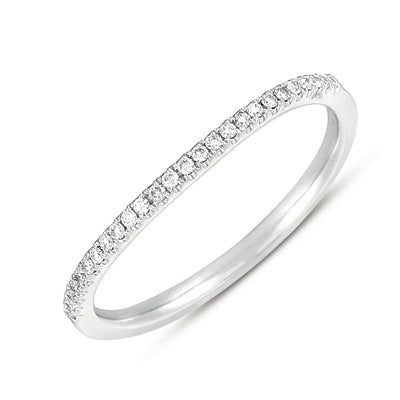 This Band is available in 14K White Gold. There are a total of 26 stones. There are Round with a total carat weight of 0.11 set in a Micro Prong setting.