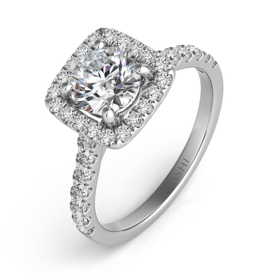 This Engagement Ring  is available in 14K White Gold. There are a total of 30 stones. There are Rounds with a total carat weight of 0.56 set in a Micro Prong setting.
