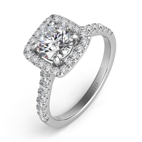 This Engagement Ring  is available in 14K White Gold. There are a total of 30 stones. There are Rounds with a total carat weight of 0.56 set in a Micro Prong setting.