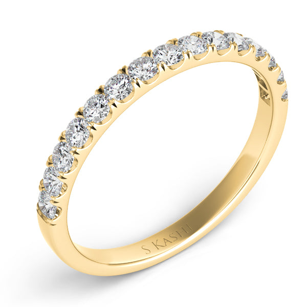 This Band is available in 14K Yellow Gold. There are a total of 15 stones. There are Round with a total carat weight of 0.44 set in a Micro Prong setting.