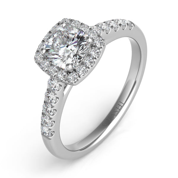 This Engagement Ring  is available in 14K White Gold. There are a total of 30 stones. There are Rounds with a total carat weight of 0.38 set in a Micro Prong setting.