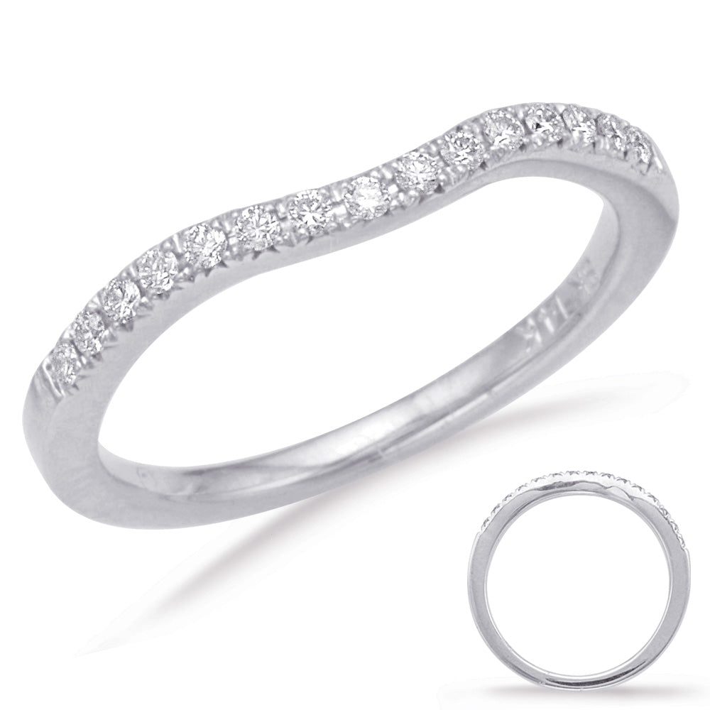 This Band is available in 14K White Gold. There are a total of 15 stones. There are Round with a total carat weight of 0.15 set in a Micro Prong setting.
