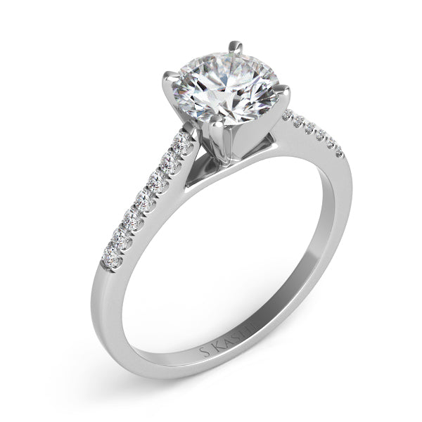 This Engagement Ring  is available in 14K White Gold. There are a total of 14 stones. There are Rounds with a total carat weight of 0.14 set in a Micro Prong setting.