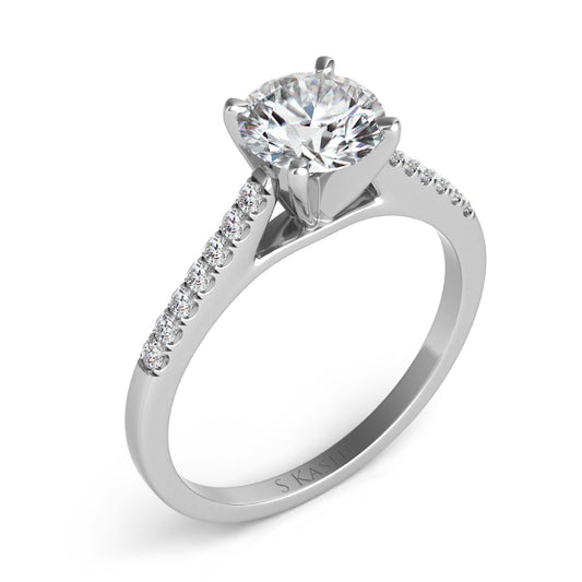 This Engagement Ring  is available in 14K White Gold. There are a total of 14 stones. There are Rounds with a total carat weight of 0.14 set in a Micro Prong setting.
