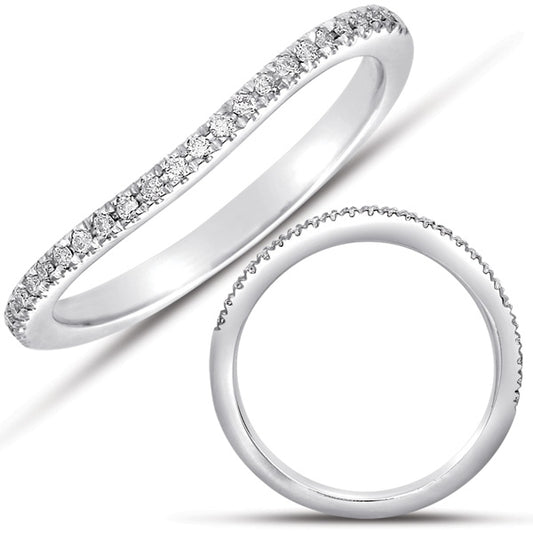 This Band is available in 14K White Gold. There are a total of 25 stones. There are Round with a total carat weight of 0.1 set in a Micro Prong setting.