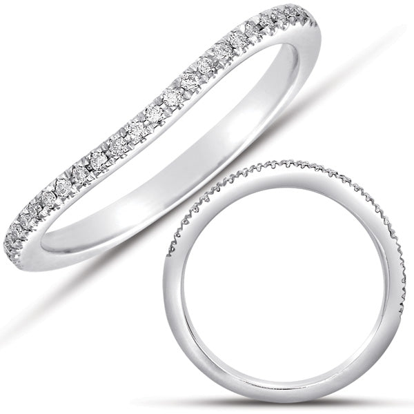 This Band is available in 14K White Gold. There are a total of 25 stones. There are Round with a total carat weight of 0.1 set in a Micro Prong setting.