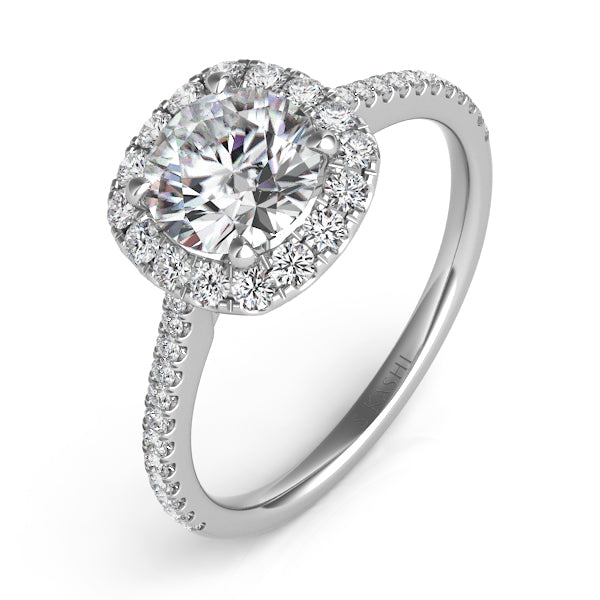 This Engagement Ring  is available in 14K White Gold. There are a total of 32 stones. There are Rounds with a total carat weight of 0.61 set in a Micro Prong|Prong Set setting.