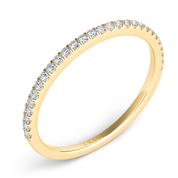 This Band is available in 14K Yellow Gold. There are a total of 20 stones. There are Round with a total carat weight of 0.24 set in a Micro Prong setting.