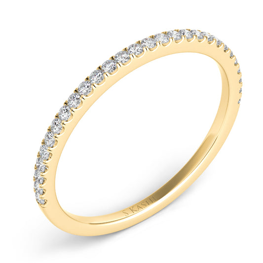 This Band is available in 14K Yellow Gold. There are a total of 20 stones. There are Round with a total carat weight of 0.24 set in a Micro Prong setting.