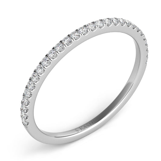 This Band is available in 14K White Gold. There are a total of 28 stones. There are Round with a total carat weight of 0.12 set in a Micro Prong setting.