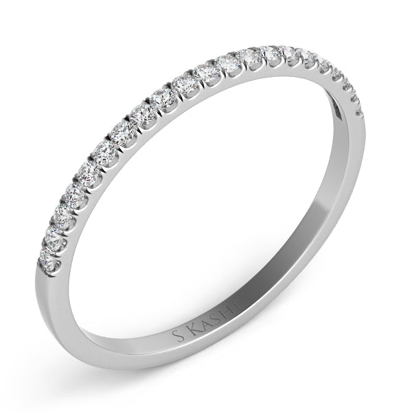 This Band is available in 14K White Gold. There are a total of 21 stones. There are Round with a total carat weight of 0.14 set in a Micro Prong setting.