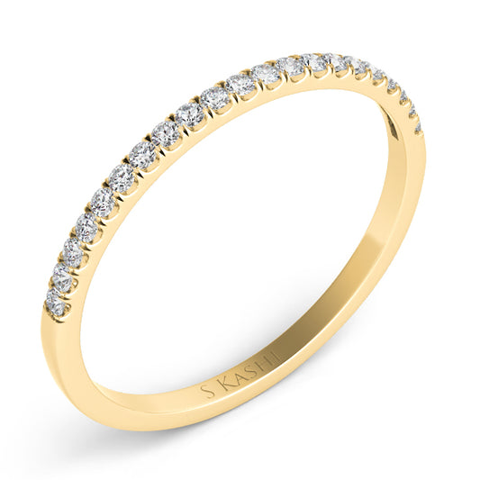 This Band is available in 14K Yellow Gold. There are a total of 21 stones. There are Round with a total carat weight of 0.14 set in a Micro Prong setting.