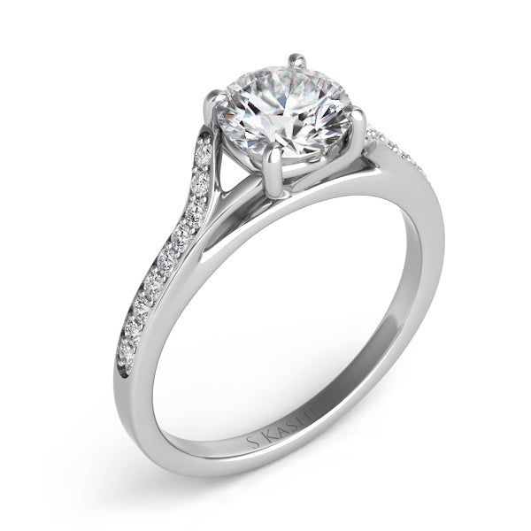 This Engagement Ring  is available in 14K White Gold. There are a total of 18 stones. There are Rounds with a total carat weight of 0.18 set in a Micro Pave setting.