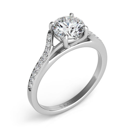 This Engagement Ring  is available in 14K White Gold. There are a total of 18 stones. There are Rounds with a total carat weight of 0.18 set in a Micro Pave setting.