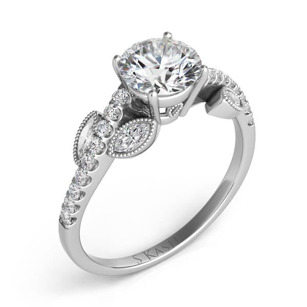 This Engagement Ring  is available in 14K White Gold. There are a total of 22 stones. There are Marquise with a total carat weight of 0.12 set in a Bezel Set|Micro Prong setting.There are Rounds stones with a total carat weight of 0.15 set in a Bezel Set|Micro Prong.