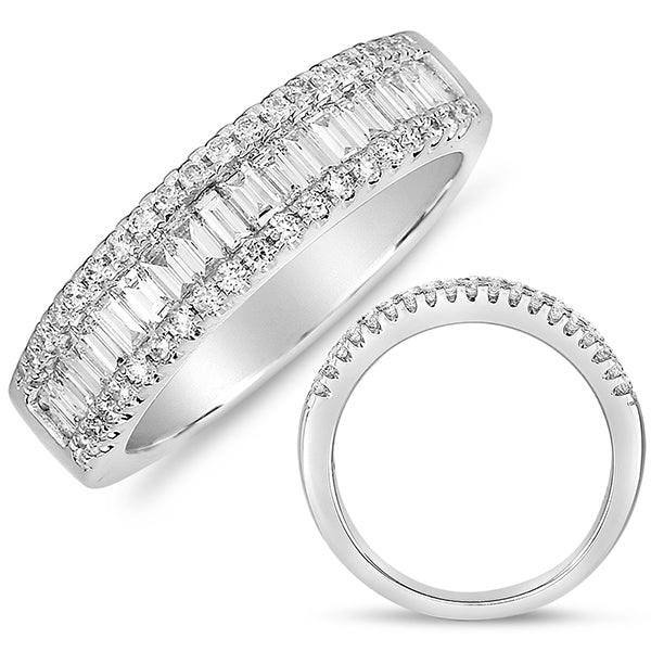 This Band is available in 14K White Gold. There are a total of 57 stones. There are Baguette with a total carat weight of 0.56 set in a Channel Set|Micro Prong setting.There are Round stones with a total carat weight of 0.3 set in a Channel Set|Micro Prong.