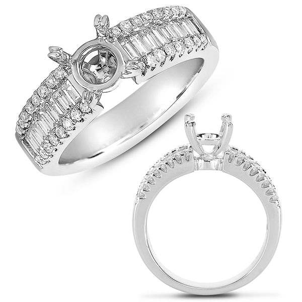 This Engagement Ring  is available in 14K White Gold. There are a total of 48 stones. There are Baguette with a total carat weight of 0.53 set in a Channel Set|Micro Prong setting.There are Rounds stones with a total carat weight of 0.25 set in a Channel Set|Micro Prong.