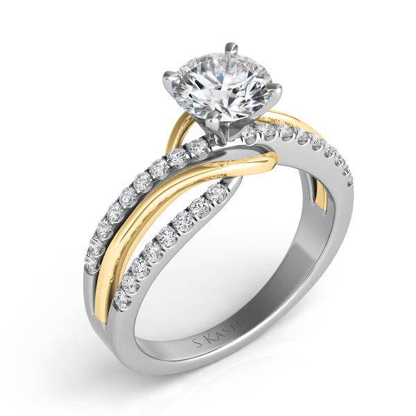 This Engagement Ring  is available in 14K Yellow & White Gold. There are a total of 34 stones. There are Rounds with a total carat weight of 0.35 set in a Micro Prong setting.