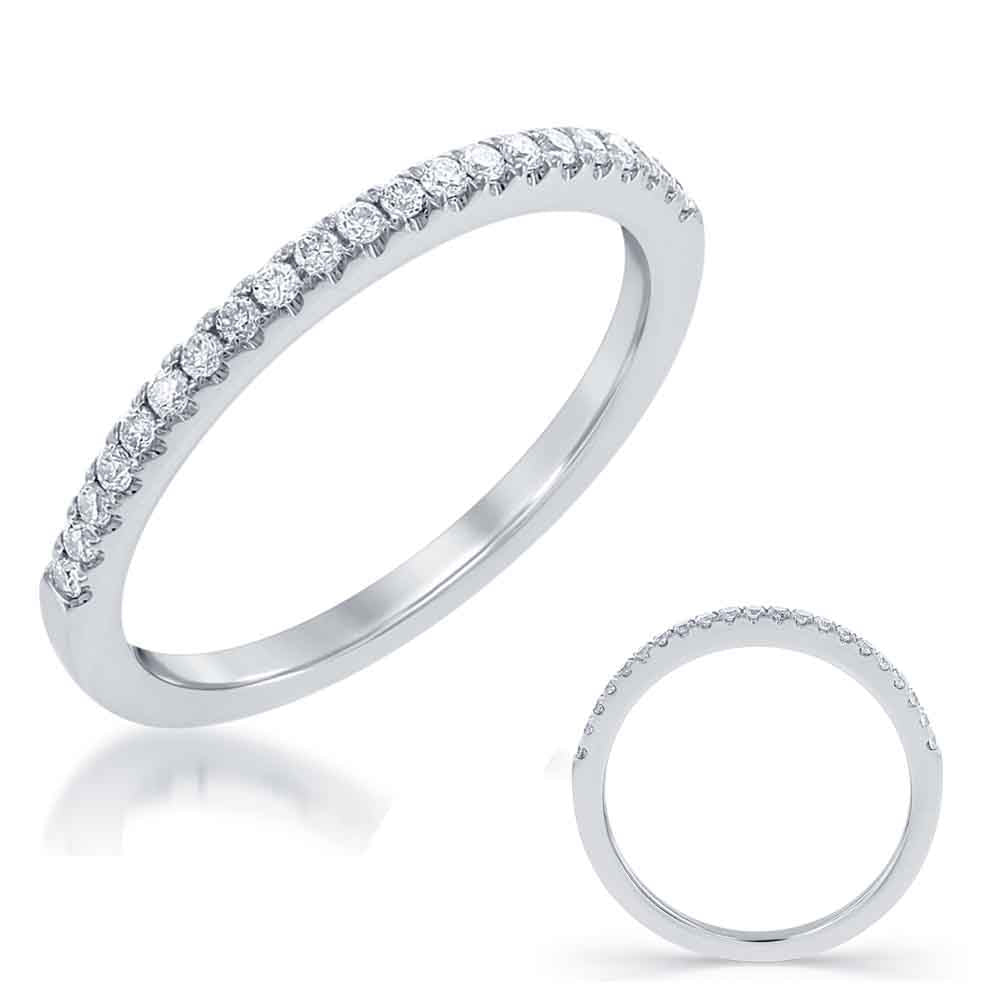 This Band is available in 14K White Gold. There are a total of 21 stones. There are Round with a total carat weight of 0.17 set in a Micro Prong setting.