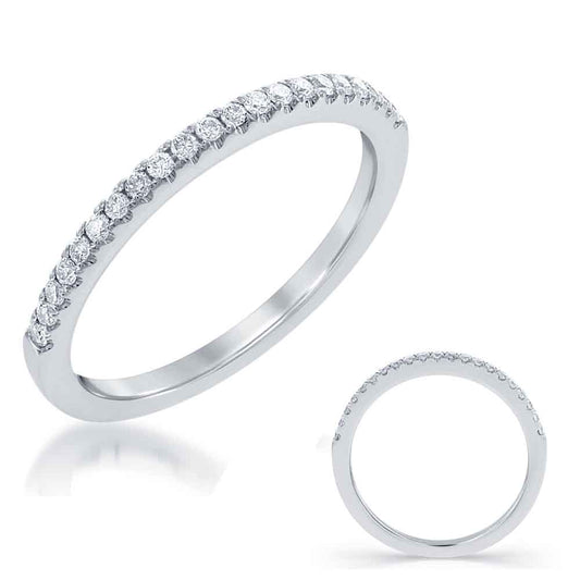 This Band is available in 14K White Gold. There are a total of 21 stones. There are Round with a total carat weight of 0.17 set in a Micro Prong setting.