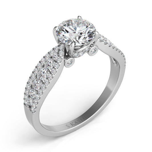 This Engagement Ring  is available in 14K White Gold. There are a total of 72 stones. There are Rounds with a total carat weight of 0.56 set in a Bezel Set|Channel Set|Micro Prong setting.