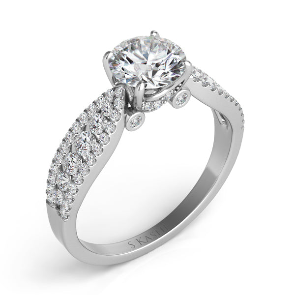This Engagement Ring  is available in 14K White Gold. There are a total of 72 stones. There are Rounds with a total carat weight of 0.56 set in a Bezel Set|Channel Set|Micro Prong setting.