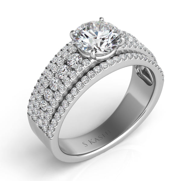 This Engagement Ring  is available in 14K White Gold. There are a total of 114 stones. There are Rounds with a total carat weight of 0.93 set in a Channel Set|Micro Prong setting.