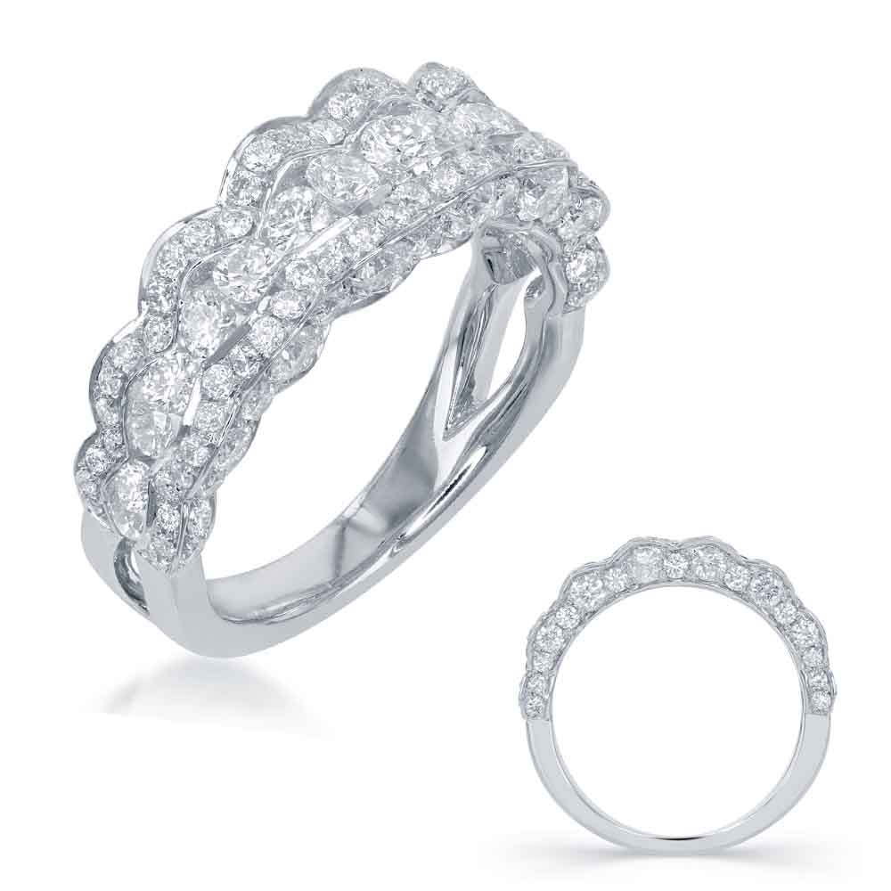 This Band is available in 14K White Gold. There are a total of 112 stones. There are Round with a total carat weight of 1.8 set in a Channel Set|Micro Pave setting.