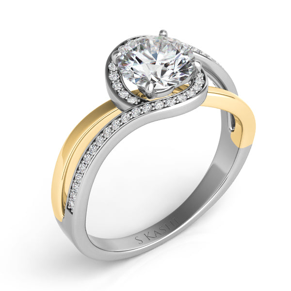 This Engagement Ring  is available in 14K Yellow & White Gold. There are a total of 44 stones. There are Rounds with a total carat weight of 0.21 set in a Micro Pave setting.