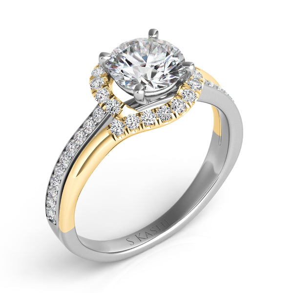This Engagement Ring  is available in 14K Yellow & White Gold. There are a total of 40 stones. There are Rounds with a total carat weight of 0.32 set in a Micro Pave|Micro Prong setting.