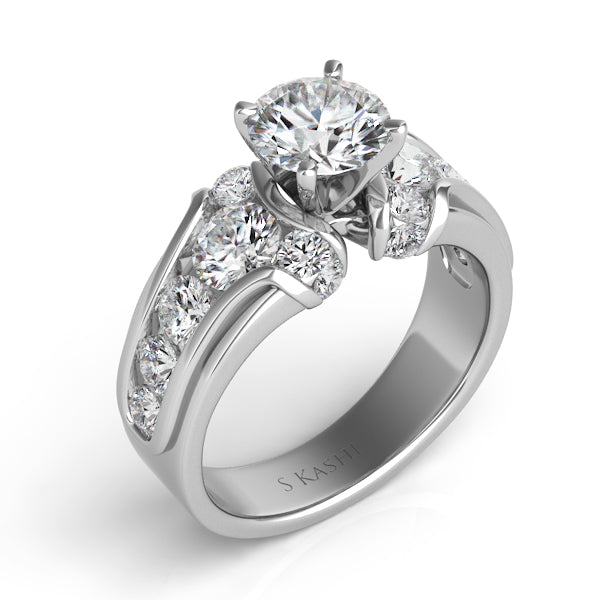 This Engagement Ring  is available in 14K White Gold. There are a total of 16 stones. There are Rounds with a total carat weight of 1.29 set in a Channel Set setting.
