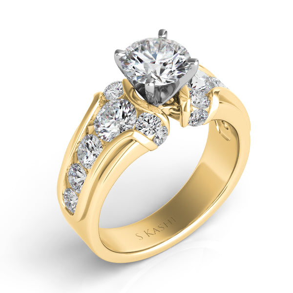This Engagement Ring  is available in 14K Yellow Gold. There are a total of 16 stones. There are Rounds with a total carat weight of 1.29 set in a Channel Set setting.