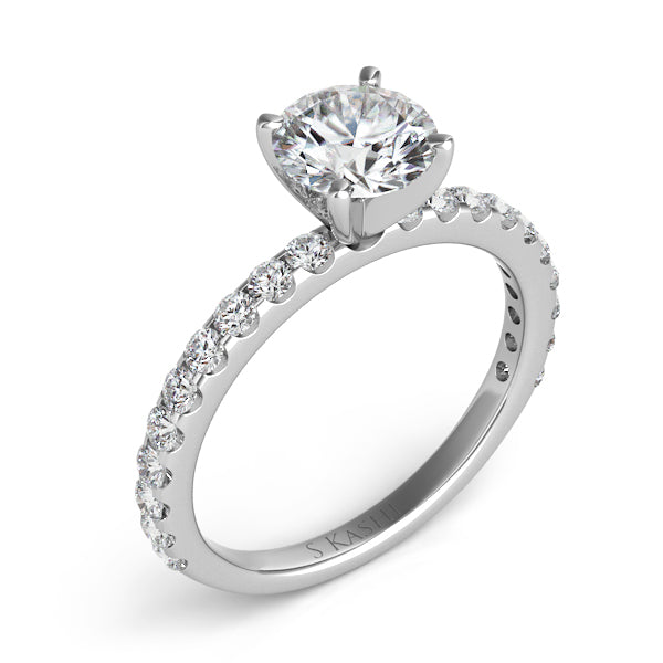 This Engagement Ring  is available in 14K White Gold. There are a total of 20 stones. There are Rounds with a total carat weight of 0.5 set in a Micro Prong setting.