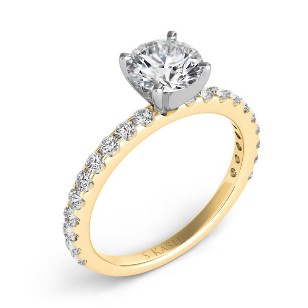 This Engagement Ring  is available in 14K Yellow Gold. There are a total of 20 stones. There are Rounds with a total carat weight of 0.5 set in a Micro Prong setting.