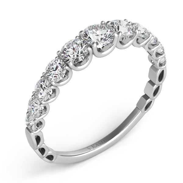 This Band is available in 14K White Gold. There are a total of 11 stones. There are Round with a total carat weight of 0.88 set in a Prong Set setting.