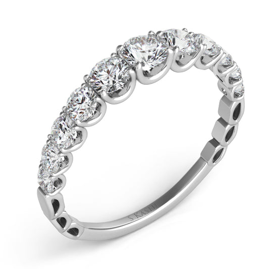 This Band is available in 14K White Gold. There are a total of 11 stones. There are Round with a total carat weight of 0.88 set in a Prong Set setting.