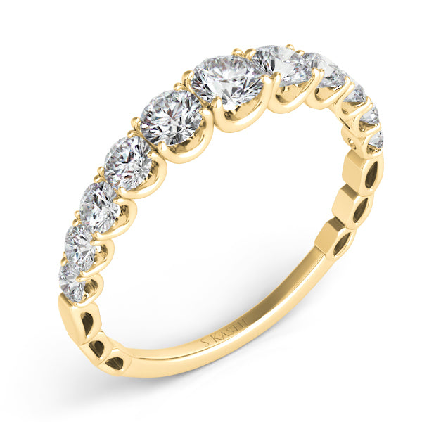This Band is available in 14K Yellow Gold. There are a total of 11 stones. There are Round with a total carat weight of 0.88 set in a Prong Set setting.