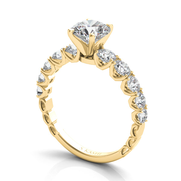 This Engagement Ring  is available in 14K Yellow Gold. There are a total of 10 stones. There are Rounds with a total carat weight of 0.7 set in a Prong Set setting.