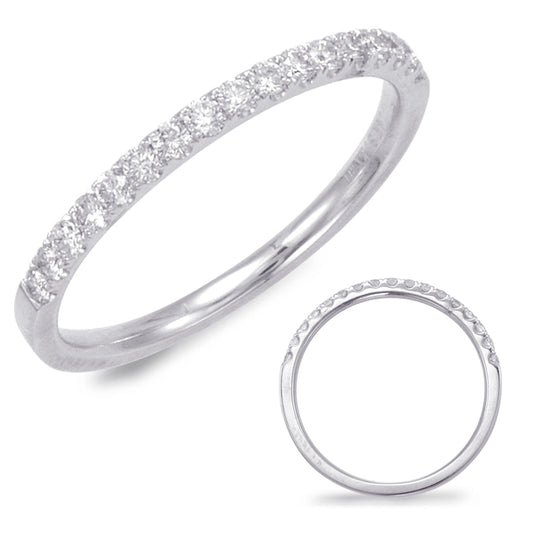 This Band is available in 14K White Gold. There are a total of 17 stones. There are Round with a total carat weight of 0.25 set in a Micro Prong setting.