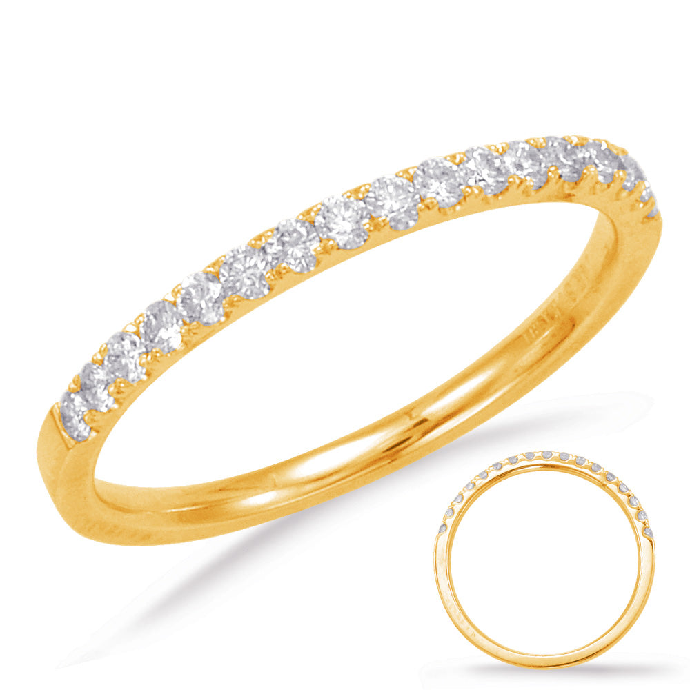 This Band is available in 14K Yellow Gold. There are a total of 17 stones. There are Round with a total carat weight of 0.25 set in a Micro Prong setting.