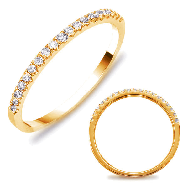 This Band is available in 14K Yellow Gold. There are a total of 19 stones. There are Round with a total carat weight of 0.19 set in a Micro Prong setting.