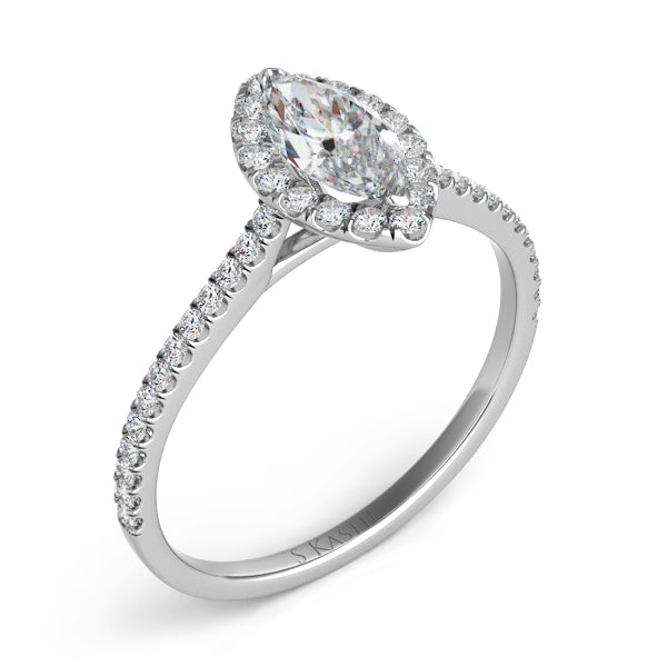 This Engagement Ring  is available in 14K White Gold. There are a total of 38 stones. There are Rounds with a total carat weight of 0.56 set in a Micro Prong setting.