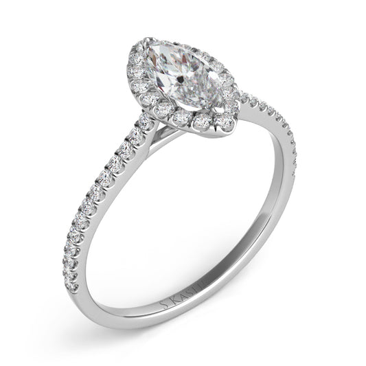 This Engagement Ring  is available in 14K White Gold. There are a total of 42 stones. There are Rounds with a total carat weight of 0.25 set in a Micro Prong setting.