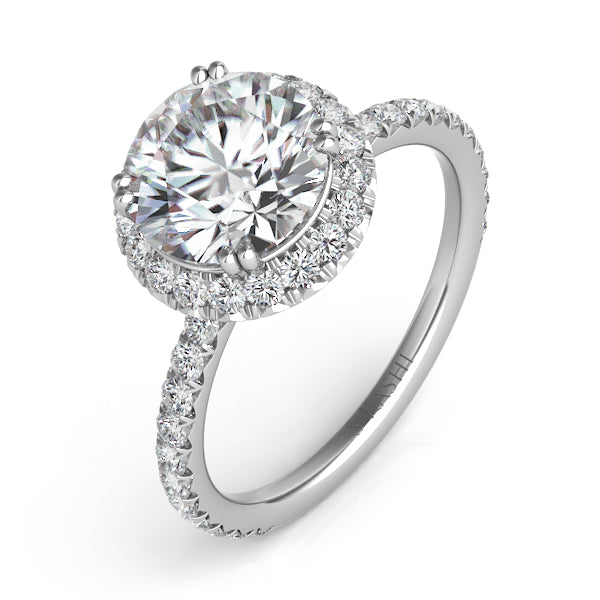 This Engagement Ring  is available in 14K White Gold. There are a total of 60 stones. There are Rounds with a total carat weight of 0.69 set in a Micro Pave|Micro Prong setting.