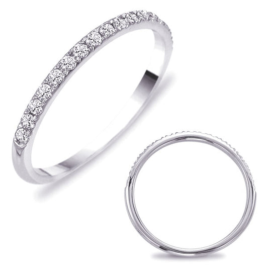 This Band is available in 14K White Gold. There are a total of 17 stones. There are Round with a total carat weight of 0.21 set in a Micro Prong setting.