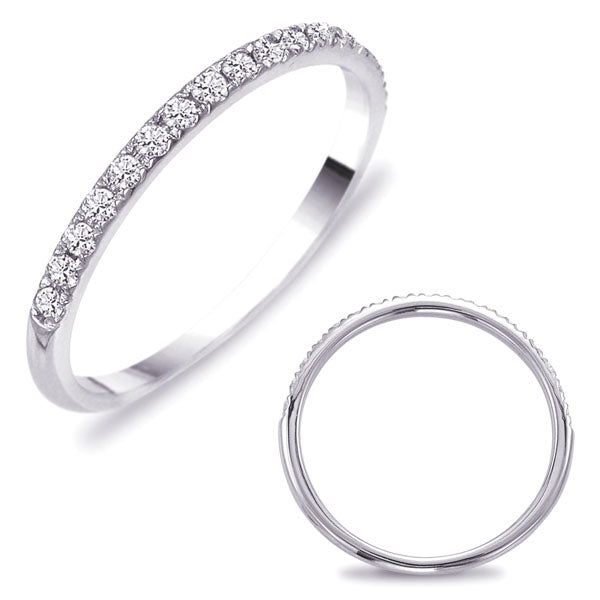 This Band is available in 14K White Gold. There are a total of 17 stones. There are Round with a total carat weight of 0.21 set in a Micro Prong setting.