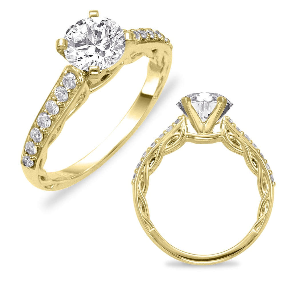This Engagement Ring  is available in 14K Yellow Gold. There are a total of 14 stones. There are Rounds with a total carat weight of 0.26 set in a Prong Set setting.