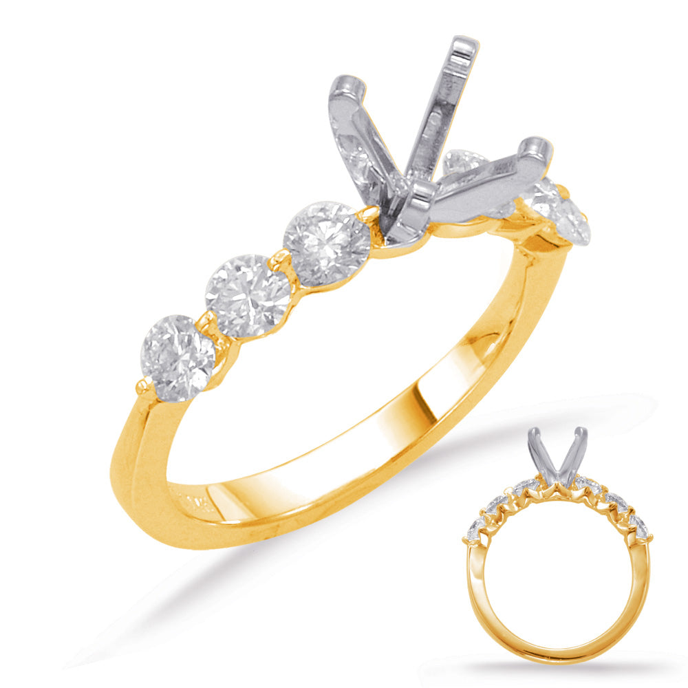 This Engagement Ring  is available in 14K Yellow Gold. There are a total of 6 stones. There are Rounds with a total carat weight of 0.68 set in a Shared Prongs setting.
